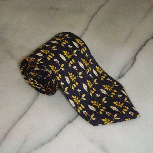 Brooks Brothers Tie - Flower, Leaf - Yellow, Navy - 3.6" x 60" - Picture 1 of 4